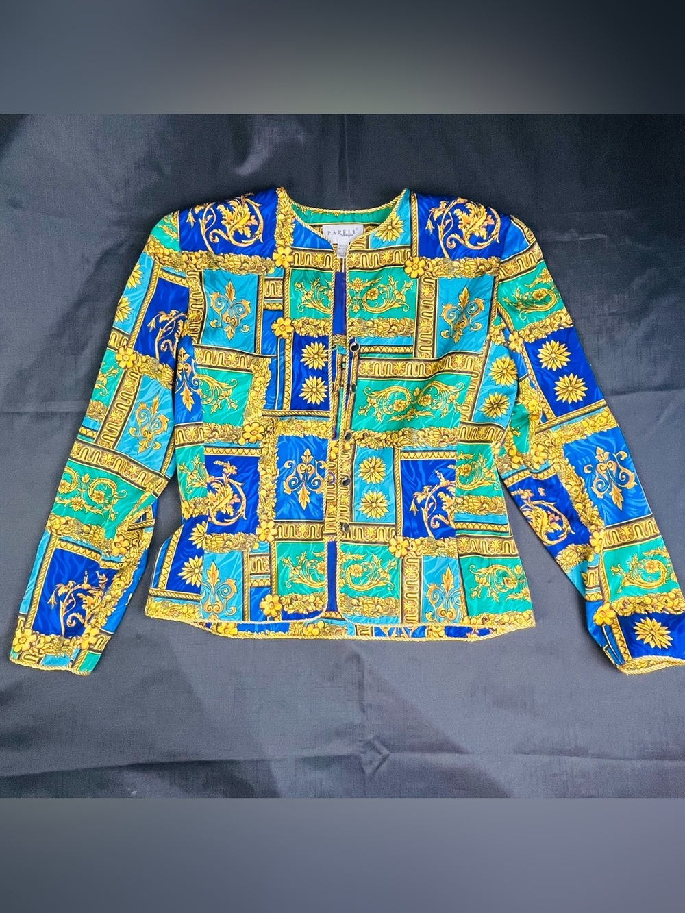 Papell Boutique Blue, Teal & Gold Baroque Print Blazer